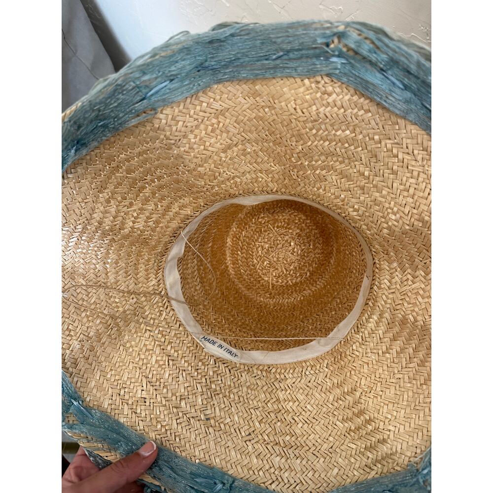 Vintage Italian Straw Wide Brim Hat Blue Silk Ribbon Trim - Picture 3 of 4